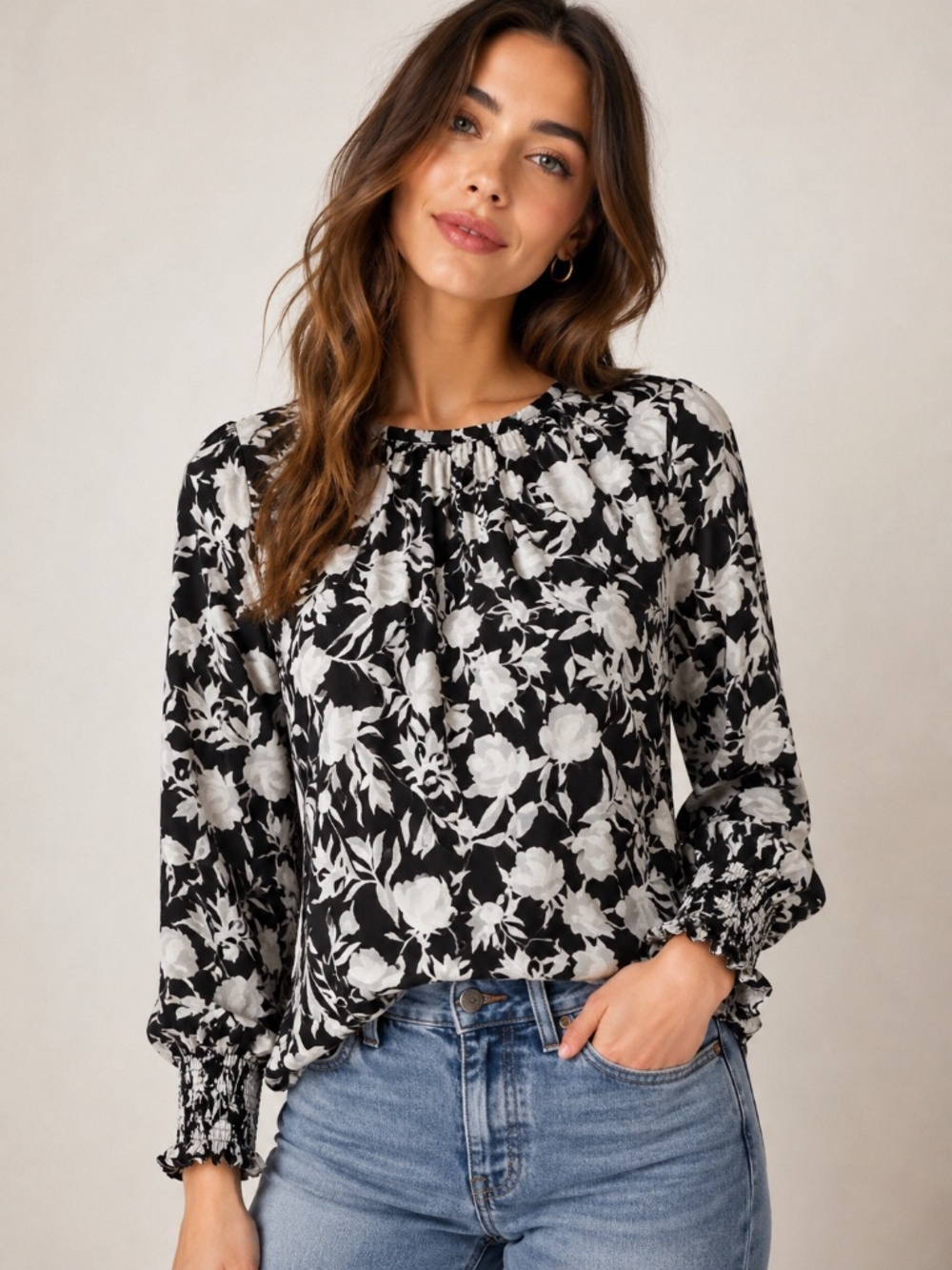 J. Crew Black and White Floral Smocked Cuff Long Sleeve Blouse Sz. S